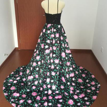 Halter Beaded Floral Print A-line Long Prom Dress,..