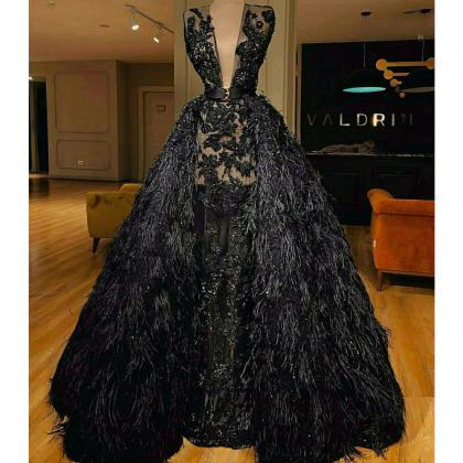 Black Prom Dresses, Lace Prom Dresses, Feather..