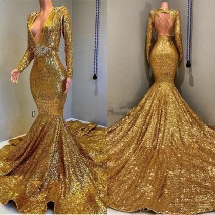 Gold Prom Dresses, Long Sleeve Prom Dresses,..