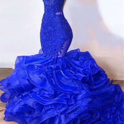 Royal Blue Prom Dresses, V Neck Prom Dresses, Lace..