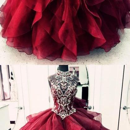 Red Prom Dresses, High Neck Prom Dresses, Crystal..