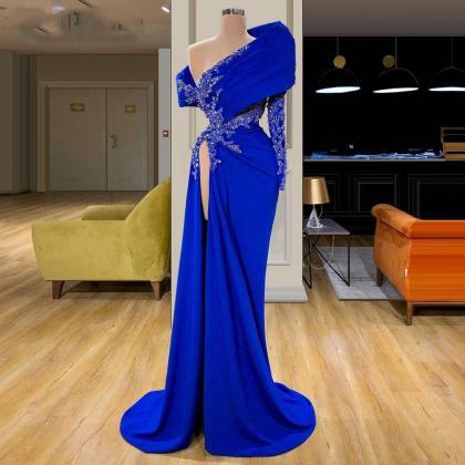 Blue Prom Dresses, Crystal Prom Dress, Side Slit..
