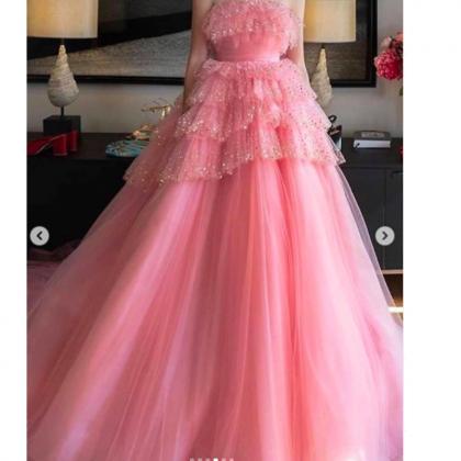 Pink Prom Dresses 2021, Tiered Prom Dresses, Pink..