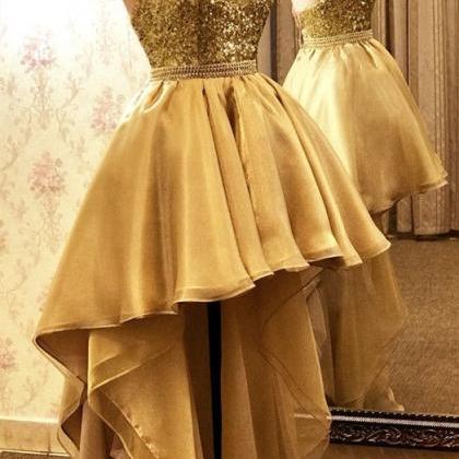Gold Prom Dresses, High Front And Low Back Evening..