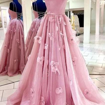Pink Prom Dresses, Flowers Prom Dresses, Tulle..