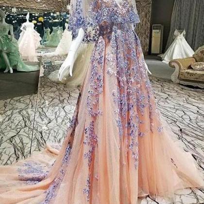 Lace Prom Dresses 2021, V Neck Prom Dress, Coral..
