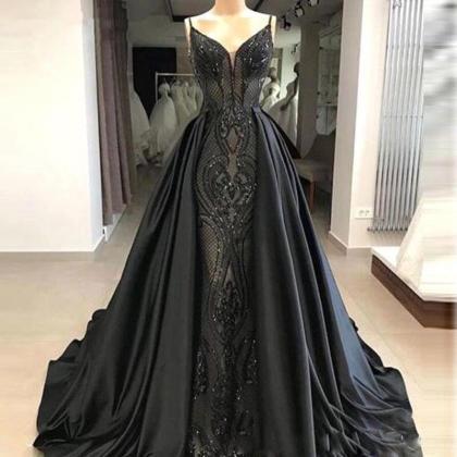Black Prom Dress, Detachable Prom Dress, Sequins..