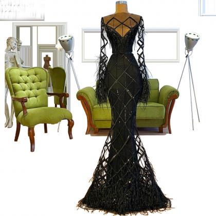 Mermaid Prom Dress, Gold Prom Dress, Black Evening..