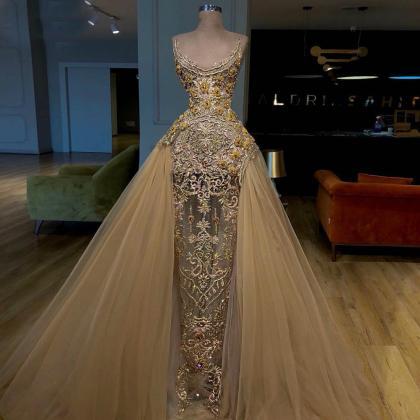 Gold Prom Dresses, Detachable Prom Dress, Sequins..