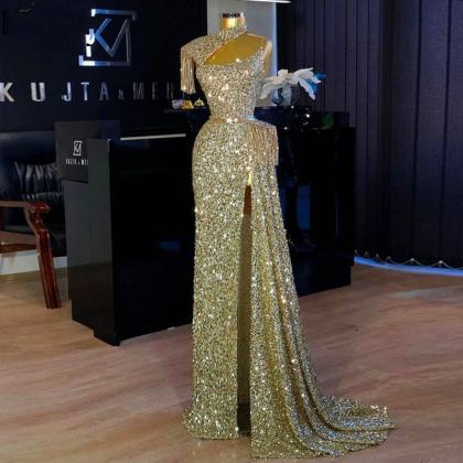 Gold Sequined Straight Prom Dresses High Neck..