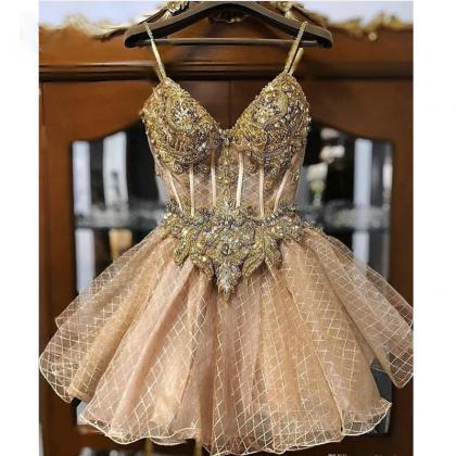 2020 Champagne Beaded Crystals Homecoming Dresses..
