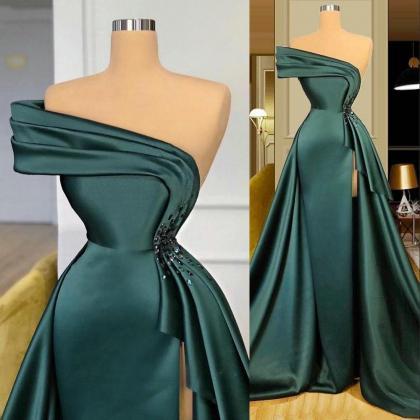 2021 Long Dark Green Satin Evening Dresses Wear..