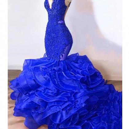 Gorgeous Royal Blue Ruffles Mermaid Prom Dresses..