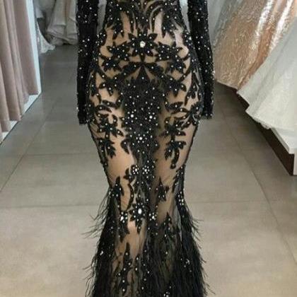 Black Prom Dresses, Feather Prom Dresses, Lace..
