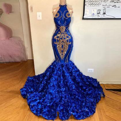 Royal Blue Prom Dresses, Hand Made Flowers Prom..