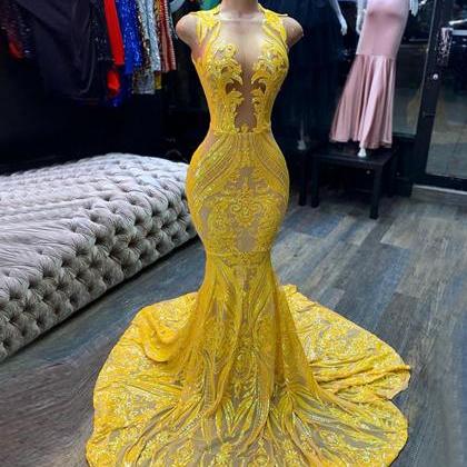 Yellow Prom Dresses, Sheer Prom Dress, Lace..