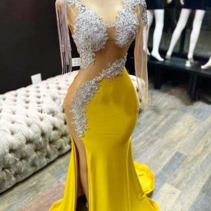 Yellow Prom Dresses, 2021 Tassel Prom Dress, Side..