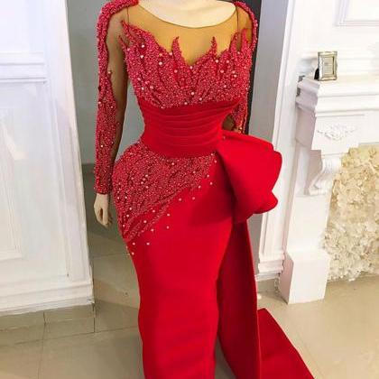 Red Prom Dresses, Long Sleeve Prom Dresses, Beaded..