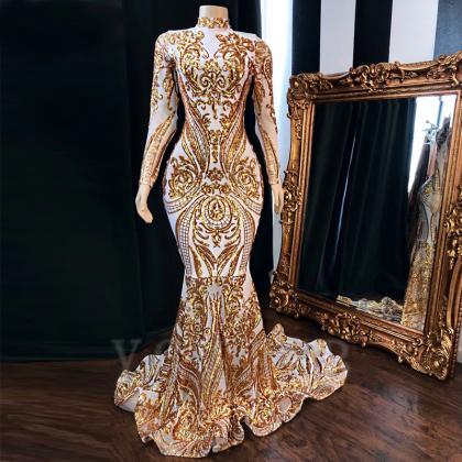 Gold Prom Dresses, Long Sleeve Prom Dresses, Gold..