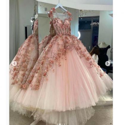Flowers Prom Dresses, 2021 Evening Dresses, Pink..