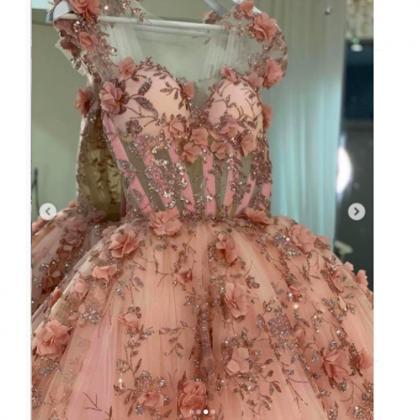 Flowers Prom Dresses, 2021 Evening Dresses, Pink..