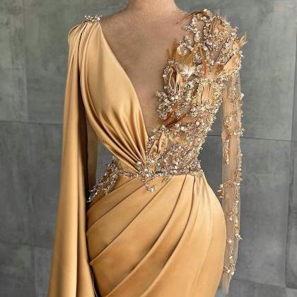 Gold Prom Dresses, Deep V Neck Prom Dresses, Sheer..