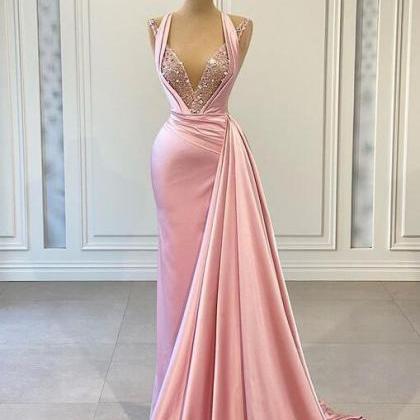 Pink Prom Dresses, Beaded Prom Dress, Satin Prom..