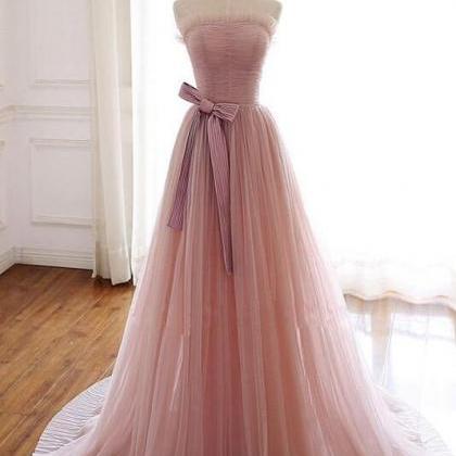 Pink Prom Dresses, Pleats Prom Dresses, Tulle Prom..