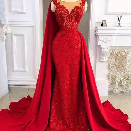 Lace Prom Dresses, Cap Prom Dresses, Red Prom..