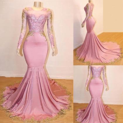 Pink Prom Dresses, Long Sleeve Prom Dresses, Lace..