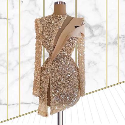 Sparkly Prom Dresses, Long Sleeve Prom Dress, Gold..