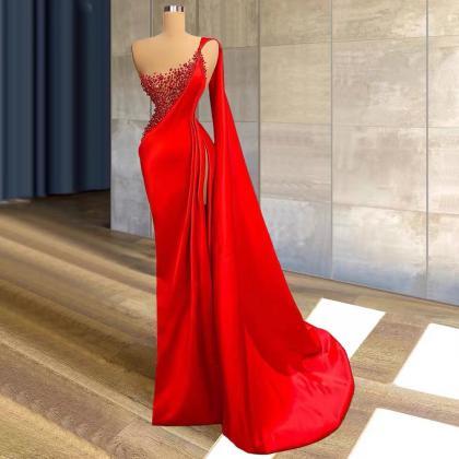 Red Prom Dresses, Pearls Prom Dresses, Side Slit..