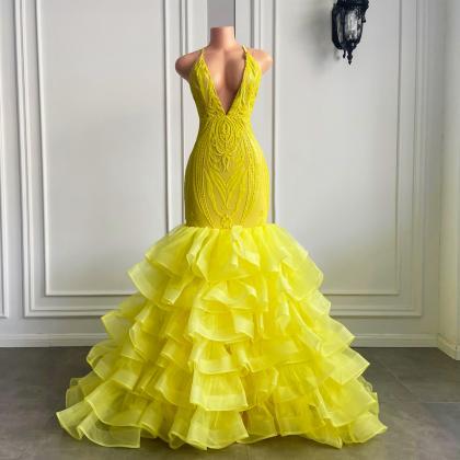 Yellow Prom Dresses, Lace Prom Dresses, Tiered..
