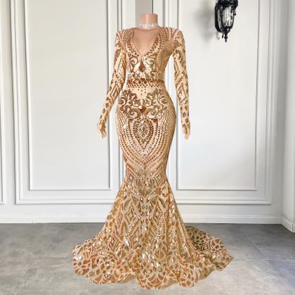 Gold Prom Dresses, Lace Prom Dresses, Arabic Prom..