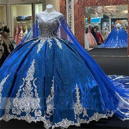 Ball Gown Prom Dresses, Blue Prom Dresses, Lace..