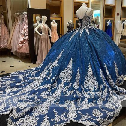 Ball Gown Prom Dresses, Blue Prom Dresses, Lace..