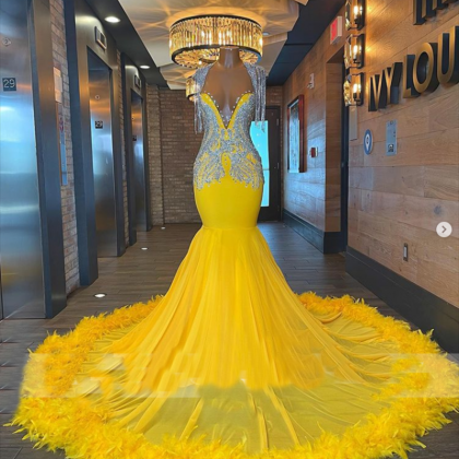 Sexy Prom Dresses, Yellow Prom Dresses, Feather..