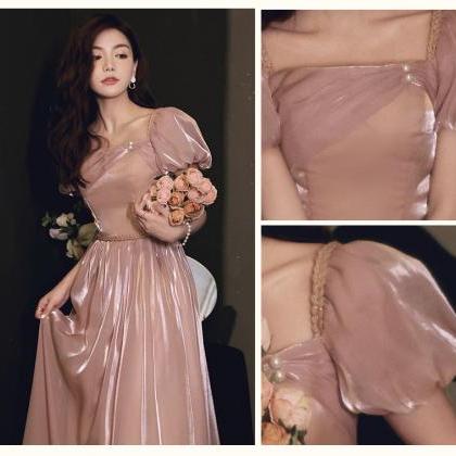 Elegant Pink Bridesmaid Dress 2022 Puff Sleeve..