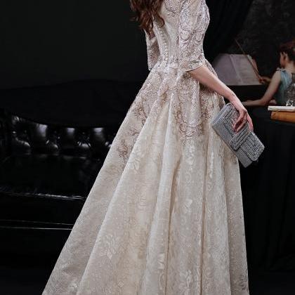 Luxury Lace Evening Dress Stand Collar Half Sleeve..
