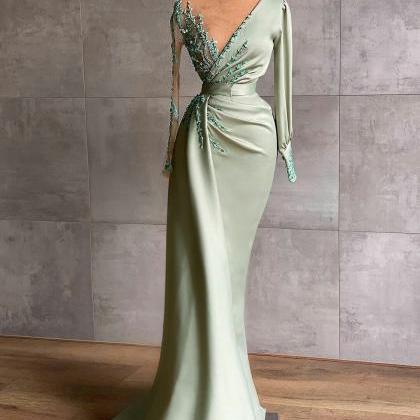 Mint Green Sheer Jewel Neck Beaded Evening Dresses..
