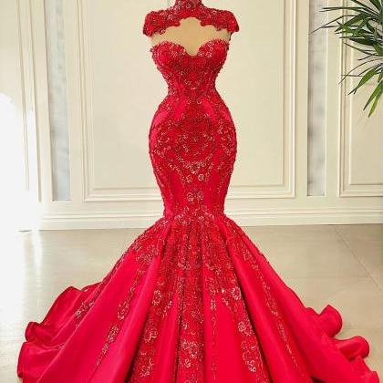 high neck prom dresses, red prom dr..