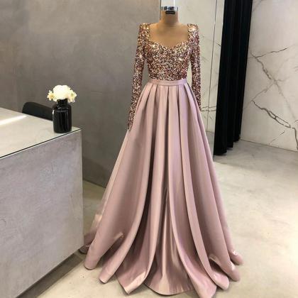 Pink Prom Dresses, Sequins Prom Dresses, V Neck..
