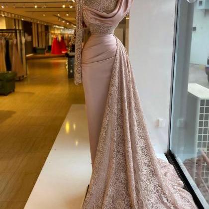 High Neck Prom Dresses, Pink Evening Dresses, Lace..
