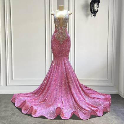Pink Prom Dresses, Deep V Neck Prom Dresses,..