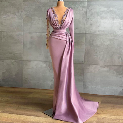 Pink Prom Dresses, Long Sleeve Prom Dresses, Lace..