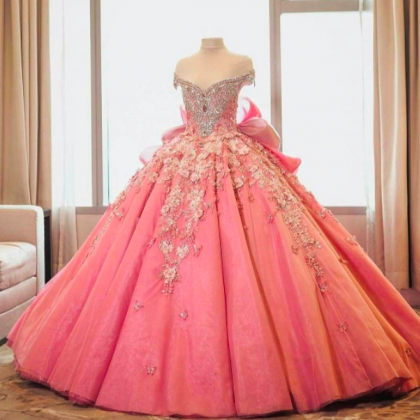 Pink Prom Dresses, Hand Made Flowers Prom Dresses,..