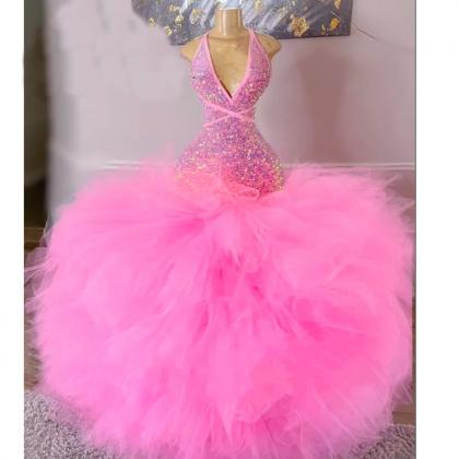 Pink Prom Dresses, Sequins Prom Dresses, Mermaid..