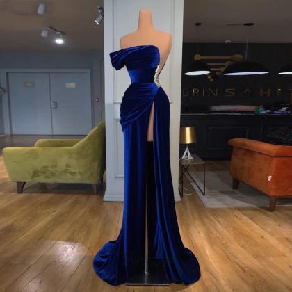 Royal Blue Velvet Mermaid Long Evening Dress..