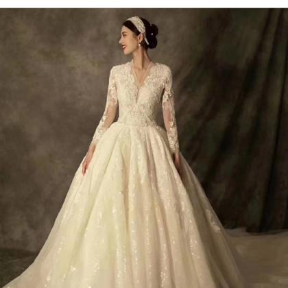 Lace Wedding Dresses 2022 Long Sleeve Chapel Train..