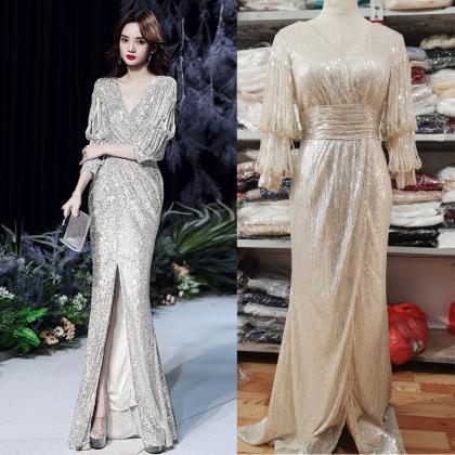 Sexy Evening Dress V-neck Pleat Sequined Evening..
